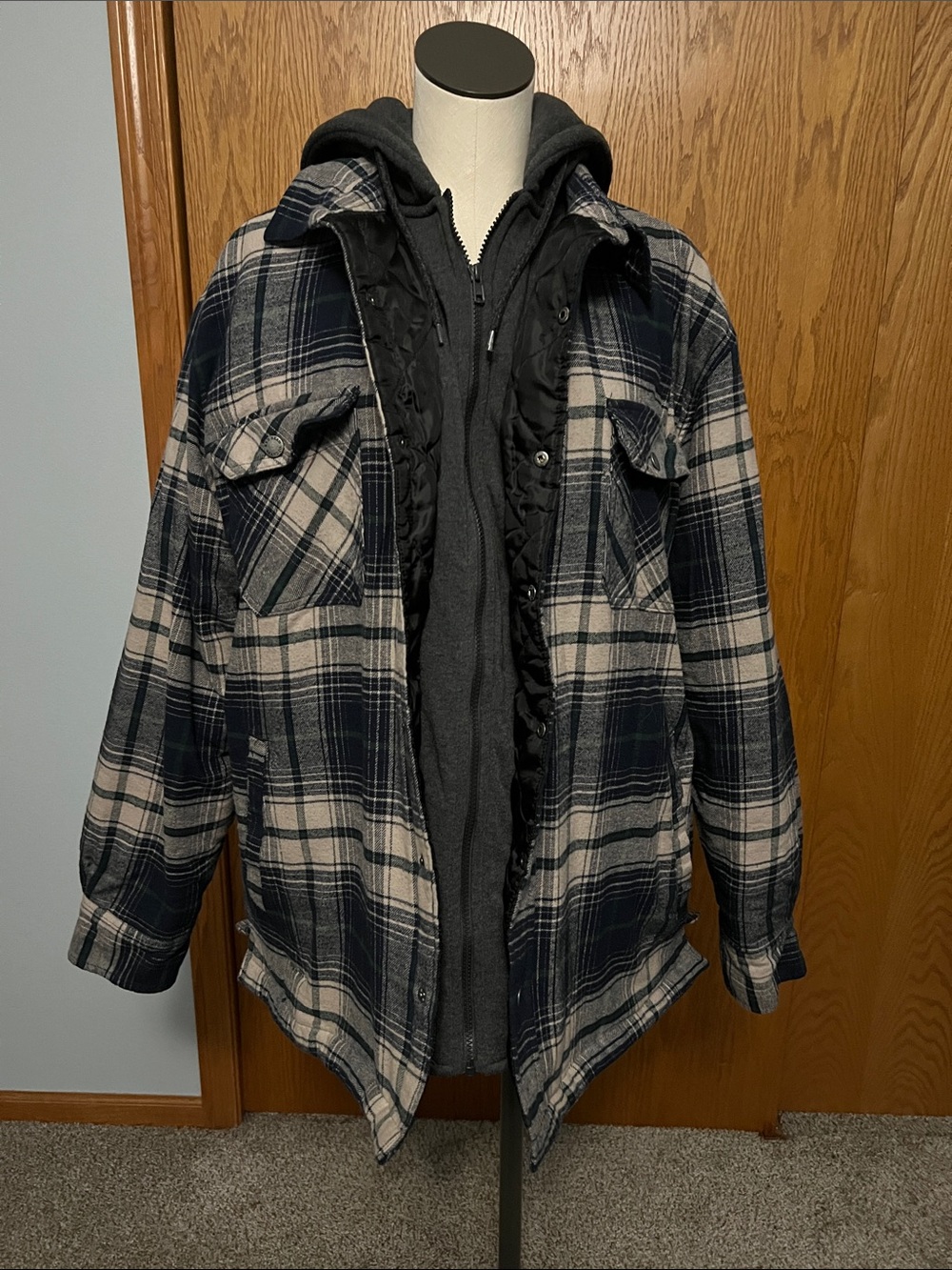 Men's Plaid Hooded Lined Jacket - Navy & Cream - 2XL